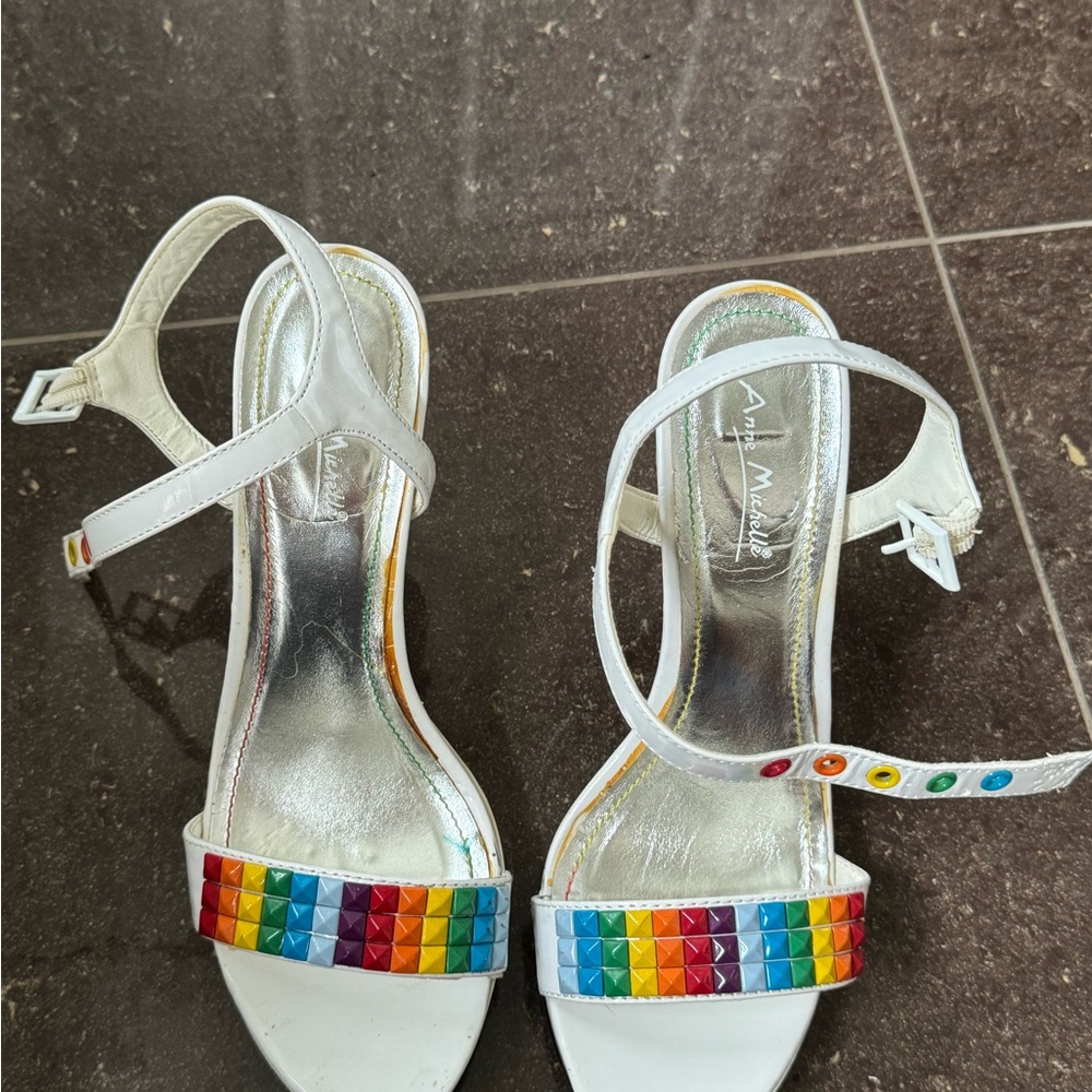 Anne Michelle White Sandals with Multicolor Accents